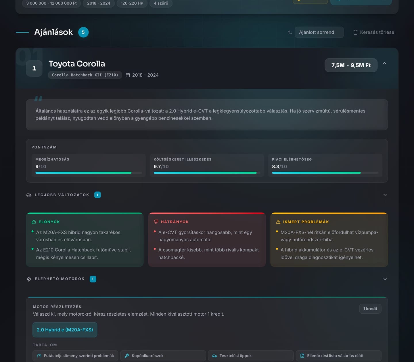 DriveMate használtautó-kereső találatok ajánlókártyákkal, ismert hibákkal és a motorrészletekhez vezető belépési pontokkal.
