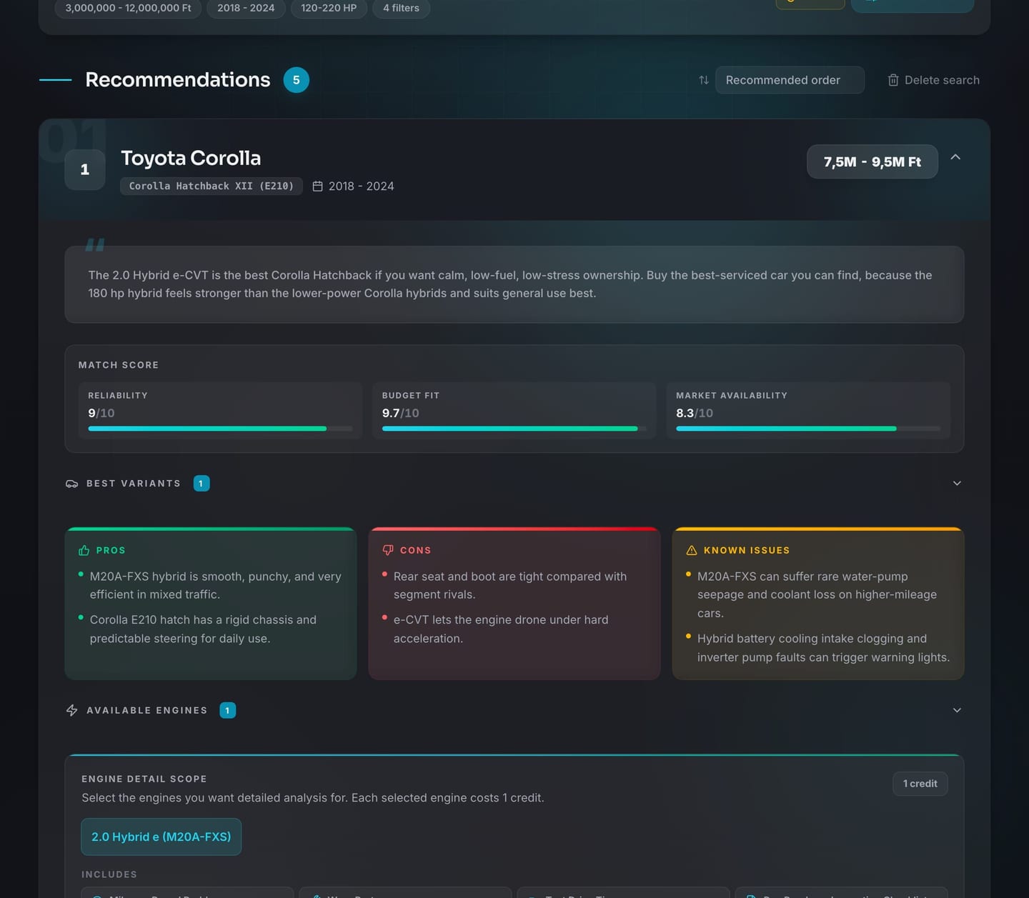 DriveMate used-car search results with recommendation cards, known issues, and engine detail entry points.