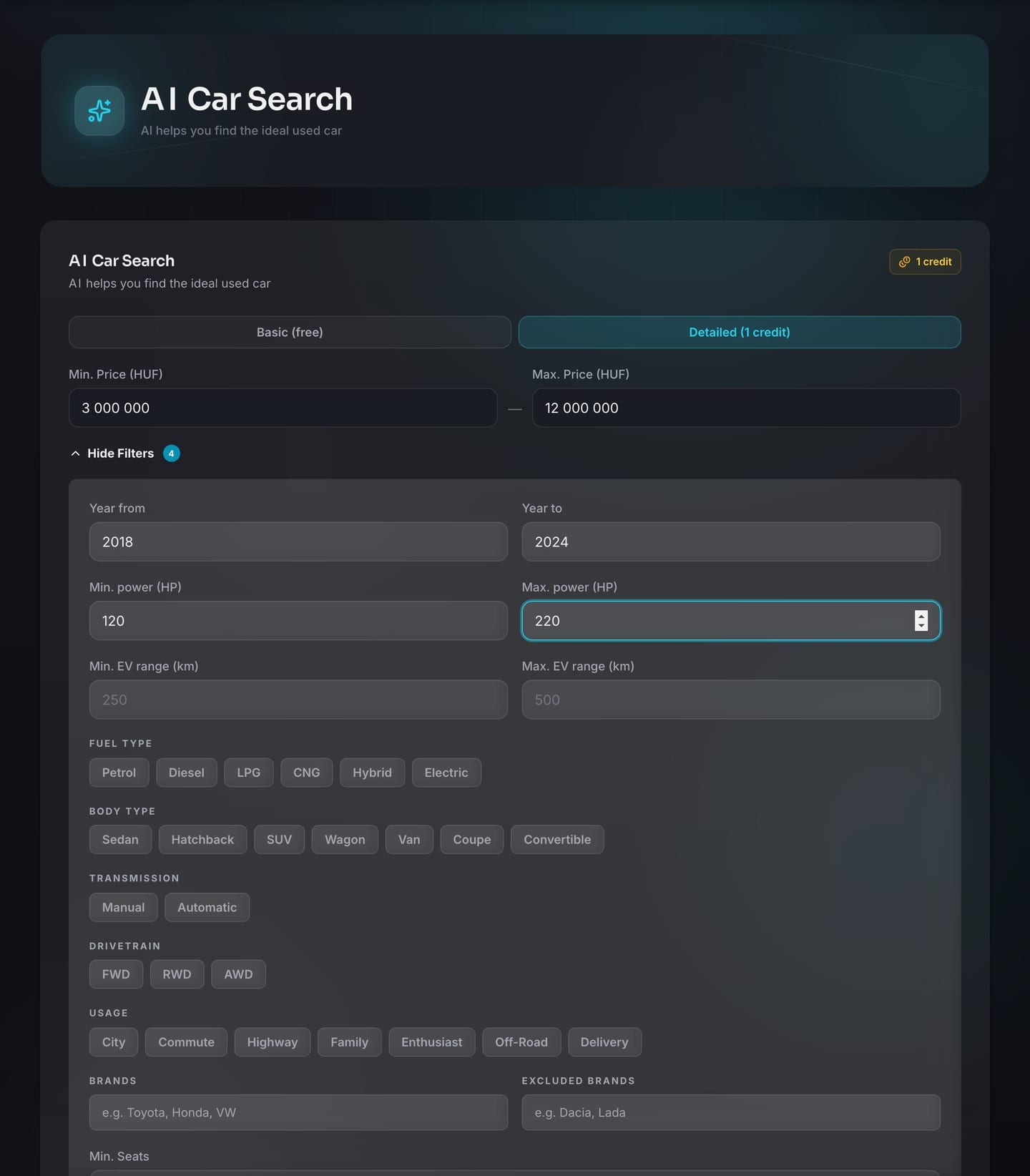 DriveMate AI car search form with Hungarian labels and saved-search access.