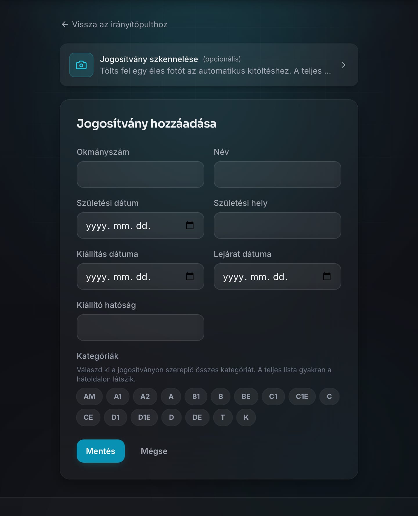DriveMate jogosítvány felviteli űrlap kézi adatbeviteli mezőkkel.