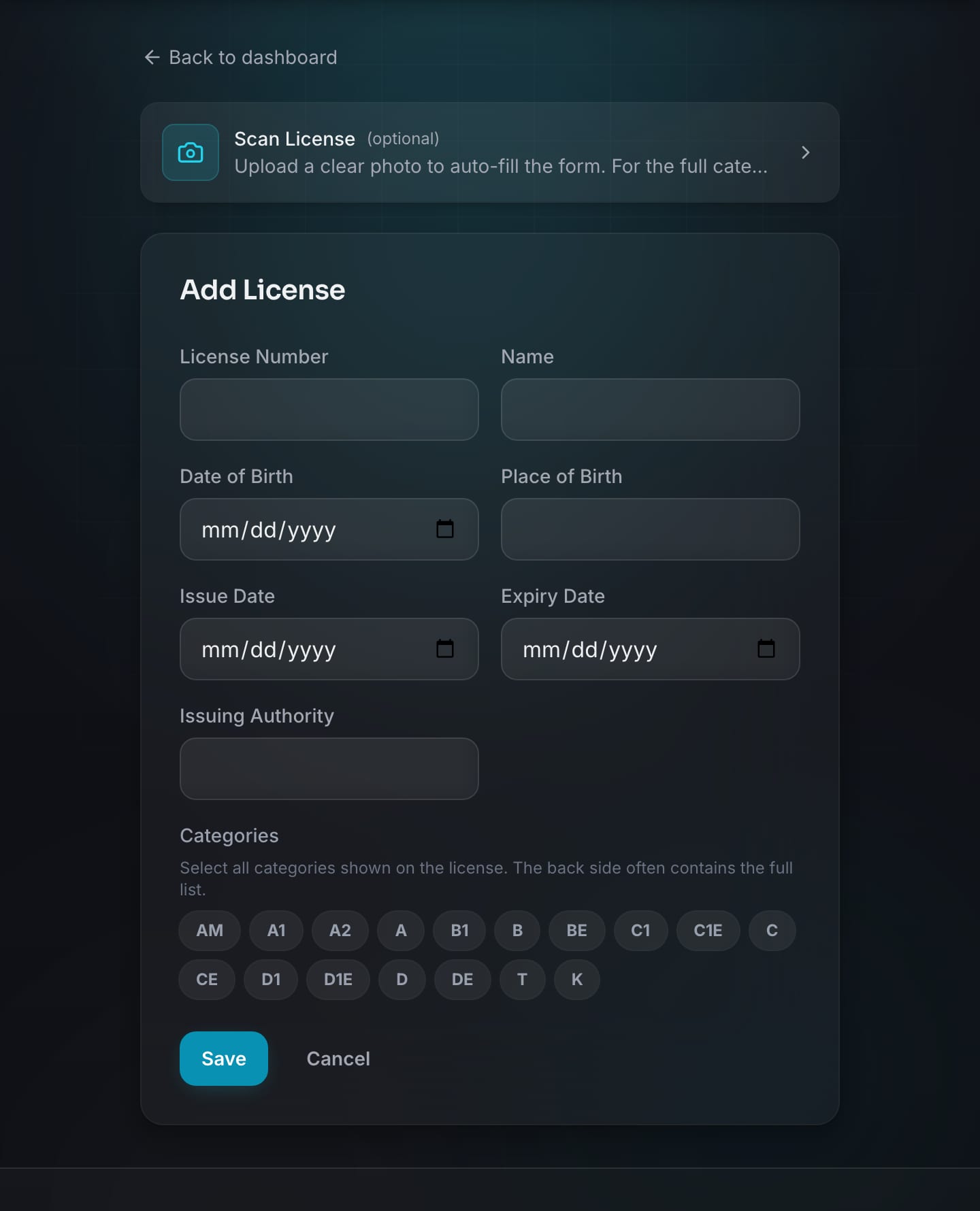 DriveMate driver license form showing the manual entry flow for a new license record.