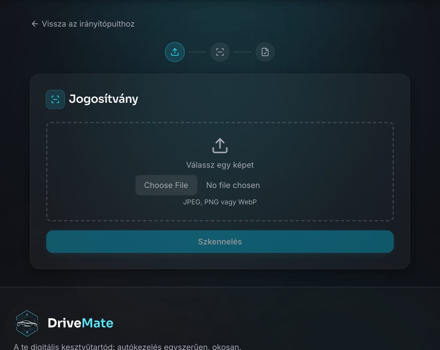 DriveMate jogosítvány szkennelési folyamat OCR-előkészített feltöltéssel.