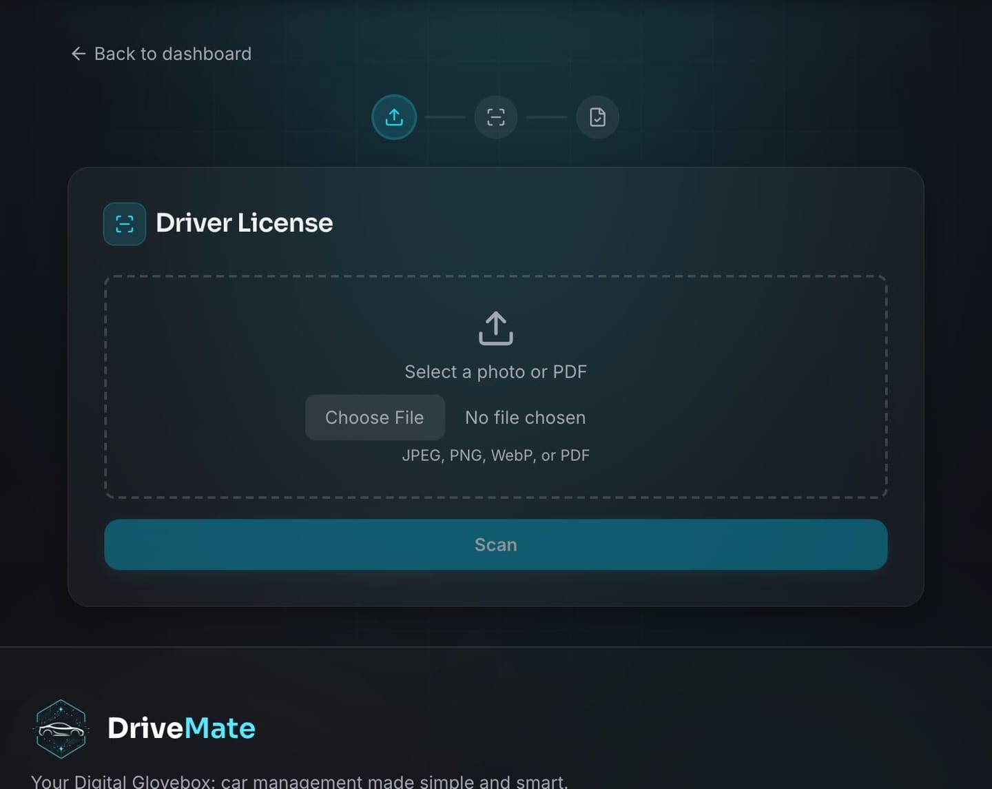 DriveMate license scan flow showing OCR-ready upload steps.