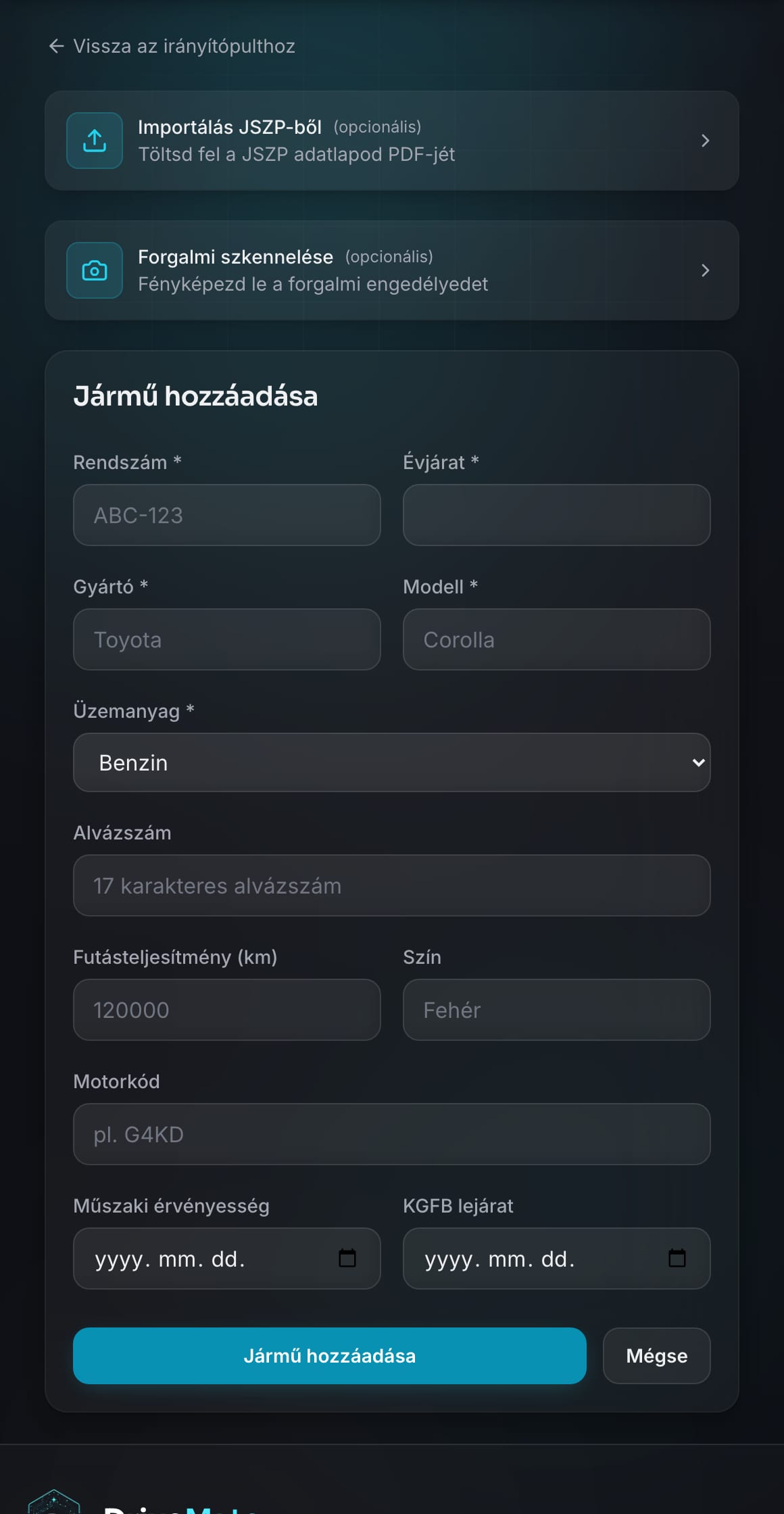DriveMate jármű létrehozási űrlap import gyorsgombokkal és alap járműmezőkkel.