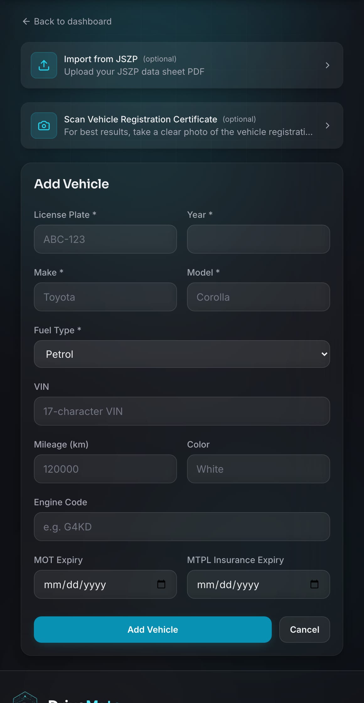 DriveMate vehicle creation form with import shortcuts and core vehicle fields.