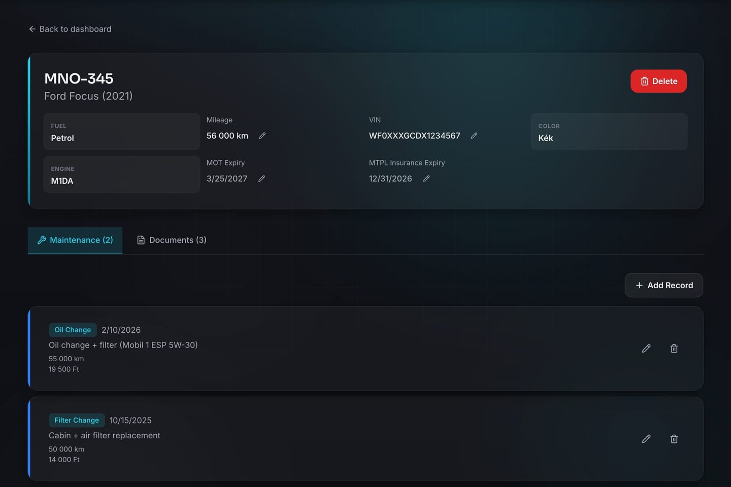 DriveMate product screenshot showing a detailed record workflow.